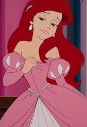 1girl ai_generated ariel ariel_(the_little_mermaid) bare_shoulders bedroom_eyes blue_eyes caucasian caucasian_female disney disney_princess dress earrings eyelashes gown hair_ornament half-closed_eyes light_smile lips long_hair looking_at_viewer off_shoulder off_shoulder_dress pink_dress princess red_hair sandlecrantz_(ai_generator) seductive seductive_smile smile