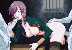 bottomless breasts censored daniella demento drill_hair dungeon fellatio hair hair_over_one_eyes haunting_ground homunculus maid nail_polish no_bra oral penis purple_eyes purple_hair red_nails rudoni sex thighhighs threesome tongue zombie