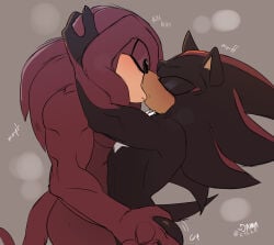 absurd_res anthro black_body duo echidna eulipotyphlan eyes_closed grey_background hand_on_butt hedgehog hi_res kissing knuckles_the_echidna male male/male mammal monotreme red_body sega shadow_the_hedgehog simple_background sonic_the_hedgehog_(series) tail toodamncycle