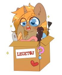 anal_beads box danish_text dildo edit etoz female female_focus female_only happy heart heart_eyes hi_res highres manacles oc pony sex_toy simple_background third-party_edit translated transparent_background unicorn vibrator whip ych_result