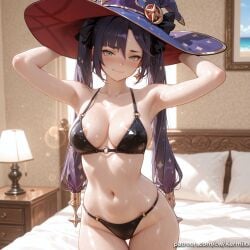 1girl ai_generated areola_slip armpits arms_up bangs bare_shoulders bed bikini black_bikini black_hair blush breasts cleavage closed_mouth collarbone cowboy_shot earrings genshin_impact green_eyes hat hat_ornament indoors jewelry kermixx lamp long_hair looking_at_viewer medium_breasts mona_(genshin_impact) navel o-ring o-ring_bikini shiny_skin smile solo stomach sweat swimsuit thigh_gap thighs twintails wet witch_hat