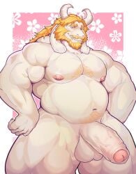1boy absurdres asgore_dreemurr bara beard belly biceps blonde_hair chest_hair closed_mouth commentary completely_nude deltarune english_commentary erection facial_hair fangs floppy_ears foreskin fujsan13 furrowed_brow furry furry_male goat_horns hands_on_own_hips highres horns long_hair looking_at_viewer male_focus muscular muscular_male navel nipples nude pectorals penis plump skin_fangs smile stomach_hair testicles utdr_(toby_fox)