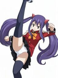 blazer blue_hair bowtie brown_eyes edited fairy_tail groin_tendon hair_ornament kicking long_hair long_sleeves official_art pantyshot pleated_skirt school_uniform twintails upscaled wendy_marvell white_panties