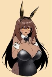 big_breasts breasts_bigger_than_head brown_body brown_skin bunny_costume bunny_ears busty busty_female curvy curvy_female embarrassed_expression goddess_of_victory:_nikke hair_between_eyes hands_on_own_chest long_hair noir_(nikke) playboy_bunny