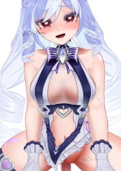 1boy 1girl absurdres bare_shoulders blush bow bowtie breasts censored chixamo clothes_pull clothing_cutout commentary_request drill_hair frilled_one-piece_swimsuit frilled_wrist_cuffs frills girl_on_top heart heart_cutout heart_in_eye hetero highres large_breasts long_hair looking_at_viewer mole mole_under_eye mosaic_censoring navel official_alternate_costume one-piece_swimsuit open_mouth penis pointy_ears purple_bow purple_bowtie purple_hair pussy red_eyes sex simple_background solo_focus stomach_cutout swimsuit symbol_in_eye two-tone_one-piece_swimsuit vaginal vivian_banshee vivian_banshee_(iris_of_the_shore) white_background white_one-piece_swimsuit wrist_cuffs zenless_zone_zero