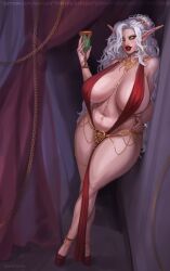 1girls 2026 astriss blizzard_entertainment blood_elf elf elf_ears elf_female eyelashes female female_only green_eyes hi_res huge_breasts jess_dayreaver jewelry large_thighs light-skinned_female light_skin long_eyebrows long_hair looking_at_viewer makeup red_lipstick skimpy skimpy_clothes solo thick_thighs tied_hair warcraft white_hair world_of_warcraft