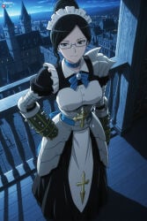 1boy 1girl absurdres adult ai_assisted ai_generated apron armor big_breasts black_eyes black_hair blue-framed_eyewear breasts collar female gauntlets general glasses hair_bun heeven highres looking_at_viewer maid maid_headdress male mature night overlord_(maruyama) patreon patreon_username perfect_body sensitive single_hair_bun sky smile solo spikes uncensored yuri_alpha