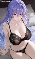 1girls ai_generated blue_eyes breasts cantarella_(wuthering_waves) looking_at_viewer nipples purple_hair shineinsfw smile solo uncensored wuthering_waves
