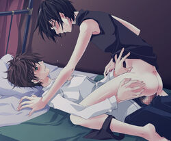 2boys anal ass blush bottomless censored closed_eyes code_geass cry kururugi_suzaku lelouch_lamperouge lowres male multiple_boys spread_legs sweatdrop tears underwear yaoi