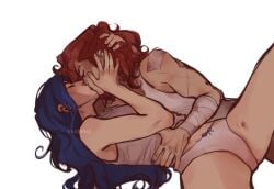 2girls arcane arcane_caitlyn arcane_vi bandage bandages biceps blue_hair blue_nail_polish blue_nails bow_panties caitlyn_(league_of_legends) caitlyn_kiramman canon_couple ear_piercing earrings eyes_closed female female/female female_only hand_around_waist hand_in_hair hand_on_cheek hands_behind_head hickey hickey_marks hickeys hickeys_on_neck hickeys_on_thighs hickies intimate keidehoi kissing league_of_legends lesbian lesbian_kiss light-skinned_female light_skin making_out muscular muscular_arms muscular_female nose_piercing nose_ring painted_fingernails painted_nails panties pink_hair pink_nail_polish pink_nails scar scars tank_top tattoo tattoos thick_thighs vi vi_(league_of_legends) waist_grab yuri