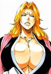 1girls accurate_art_style accurate_body_type ai_generated angry annoyed between_breasts big_breasts black_kimono bleach blue_eyes breasts busty cel_shading center_opening chain chain_necklace cleavage cleavage_focus clenched_teeth clothed clothing collarbone facing_viewer female female_focus female_only from_below front_view frown hair_over_shoulder half-closed_eye half-closed_eyes haori hatching_(texture) highres irritated japanese_clothes jewelry kimono large_breasts light-skinned_female light_skin line_art long_hair looking_at_viewer looking_down looking_down_at_viewer manga_style matsumoto_rangiku mature_female mole mole_under_mouth necklace no_bra orange_hair parted_lips pink_scarf sash scarf scowl shawl shihakusho shinigami shiny_hair shiny_skin simple_background solo solo_focus standing tite_kubo_style traditional_clothes upper_body viewed_from_below wavy_hair white_background white_sash wide_sleeves
