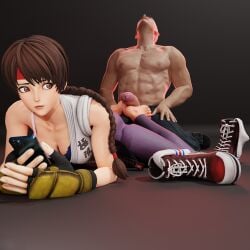 1girls b9n big_breasts cum_drip erection feet grabbing grabbing_penis huge_cock huge_penis king_of_fighters legs_up light-skinned_female light_skin phone precum teasing unworn_shoes yuri_sakazaki