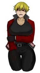 1girls american american_female big_breasts blonde_hair breasts busty cleavage curvy fatal_fury fatal_fury:_city_of_the_wolves female female_only fingerless_gloves garou:_mark_of_the_wolves genderswap_(mtf) gloves hand_on_hip highres jacket king_of_fighters king_of_fighters_xv large_breasts legs looking_at_another looking_at_viewer looking_away midriff navel open_clothes open_jacket pussy red_eyes rock_howard rule_63 short_hair smile snk solo thick_thighs thighs timur24k vagina