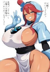 1girls alternate_costume blue_eyes breasts colored enbitonbi game_freak gloves grinning gym_leader hair_ornament hood huge_breasts japanese_text looking_at_viewer nintendo nipples nipples_visible_through_clothing pokemon pokemon_bw red_hair skyla_(pokemon) smiling smiling_at_viewer tagme tan_skin team_plasma team_plasma_grunt text thick_thighs thighs translation_request wide_hips