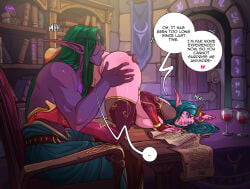 1boy 1girls 2026 ass ass_grab blizzard_entertainment blue_eyes blue_hair braided_hair darkra detailed_background dialogue english_text female green_hair head_down_ass_up hi_res high_heel_boots licking licking_pussy light_blue_hair long_eyebrows long_hair lulusa_wildmist male night_elf on_table pink_skin purple_skin sitting smile speech_bubble thick_ass thick_thighs thigh_boots top-down_bottom-up varenthis warcraft world_of_warcraft
