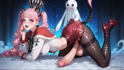 absurdres ai_art ai_generated arm_support ass belt blunt_bangs blush bow bowtie breasts cape capelet crop_top crop_top_overhang drill_hair erection full_body fur-trimmed_capelet fur_trim futanari ghost hand_up high-waist_skirt high_heels konekofuta long_sleeves looking_at_viewer makeup midriff mini_crown miniskirt navel night on_stomach open_mouth pantyhose penis perona perona_(one_piece) red_capelet red_footwear red_skirt shirt skindentation skirt smile solo solo_focus striped stuffed_toy testicles thigh_strap thighband_pantyhose twin_drills veins veiny_penis white_shirt