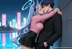 1boy 1girl ai_generated arms_around_neck black_hair black_hairband black_jacket black_skirt blue_eyes blue_hair blush breast_press breasts city closed_eyes french_kiss from_side hairband halo hetero horns hug jacket kermixx kiss large_breasts long_hair long_sleeves my_hero_academia nejire_hado night outdoors pink_shirt pleated_skirt shirt short_hair skirt sky tongue tongue_out very_long_hair water