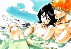 1boy 1girl accurate_art_style accurate_body_type ai_generated areolae arm_around_partner arms_around_partner bare_arms bare_breasts bare_legs bare_shoulders bathing belly_button black_hair bleach breasts_apart brown_eyes cel_shading clavicle collarbone completely_naked completely_naked_female completely_nude completely_nude_female couple digital_media_(artwork) duo duo_focus embrace fanart female hair_between_eyes half-closed_eyes hatching_(texture) hetero highres hot_spring in_water knees_up kuchiki_rukia kurosaki_ichigo light-skinned_female light-skinned_male light_skin line_art looking_at_another lower_teeth_only male manga_style mixed_bathing navel nipples nude nude_female nude_male onsen open_mouth orange_hair outdoors partially_submerged perky_breasts petite petite_female pink_nipples purple_eyes rock shared_bathing shiny_hair shiny_skin short_hair sitting sitting_in_water sitting_on_another sitting_on_lap sitting_on_person slender_body slender_waist small_breasts smile spiked_hair spiky_hair steam steam_clouds three-quarter_view tite_kubo_style v-shaped_eyebrows water wet wet_skin