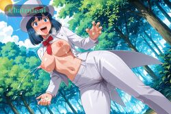 1girl ai_assisted ai_generated big_areola blue_eyes blue_hair blush bow bowtie claw_pose contrapposto cowboy_shot curvy day erect_nipples excited flat_stomach forest formal front_view full_body hard_nipples hat heavy_breathing legs_apart long_nipples long_sleeves magician oiled_body open_mouth pants pawg pheromones pussy pussy_juice_leaking red_necktie saliva_on_tongue solo standing suit sun tailcoat thicc thick_nipples thick_thighs thin_waist tongue_out trembling tuxedo voluptuous_body wet_tongue white_shoes white_suit whore wide_hips