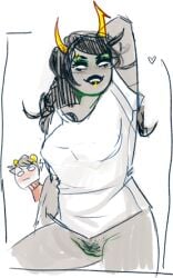 1boy 1boy1girl 1boy1girls 1girl 1girl1boy 1girls 2016 alien alien_girl alien_humanoid arm_up arms_up black_hair black_lipstick blush blushing dancestor eyebrows eyebrows_visible_through_hair grey_body grey_skin hair hairy hairy_pussy heart heart_symbol hearts homestuck homestuck_troll horns humanoid humanoid_genitalia kankri_vantas lip_piercing lipstick long_hair ms_paint_adventures piercing piercings porrim_maryam pubes pubic_hair pussy pussy_lips pussy_peek red_sweater simple_background sketch sweater topwear topwear_only unshaved_pussy very_long_hair white_background yellow_horns