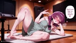 1girl 1girls 2026 ai_generated arm_support artist_name bare_legs bare_shoulders barefoot black_bow black_nails blunt_bangs blurry blurry_background blush bocchi_the_rock! bow braid braided_ponytail breasts breath ccmint collarbone dress drunk earrings elbow_rest english_text feet female female_focus full_body green_dress hair_bow head_rest heart highres hiroi_kikuri indoors instrument jewelry keyboard_(computer) knee_up legs legs_folded long_hair looking_at_viewer low-braided_long_hair lying medium_breasts monitor motion_blur motion_lines off_shoulder on_side open_mouth patreon_username purple_eyes purple_hair single_braid sleeveless sleeveless_dress soles solo speech_bubble spread_legs spread_toes strap_slip sweat thighs toenail_polish toenails toes uncensored web_address