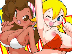 2006 2girls armpits bandana bangs big_hair blonde_hair blue_eyes breasts brown_eyes brown_hair clenched_hand crop_top curly_hair dark-skinned_female dark_skin duo eyebrows female female_only gshinobi happy judy_(pop'n_music) light-skinned_female light_skin mary_(pop'n_music) medium_hair nipples one_eye_closed open_mouth pink_nipples pop'n_music short_hair simple_background strapless tank_top upper_body white_background wink