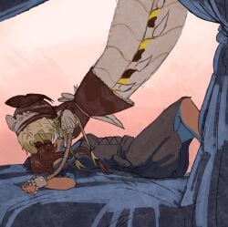 2girls centipede cyn_(murder_drones) female female_only kissing maid_outfit murder_drones pinned_to_bed tessa_elliot yuri