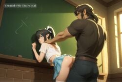 1boy against_wall ai_assisted ai_generated anime_style chalkboard checkered_skirt doggy_style doggy_style_sex dripping_pussy facing_forward forced from_behind glowing_eyes hand_on_back hand_on_neck head_turned hulk looking_away looking_away_from_viewer looking_forward male_focus midriff navel no_panties petite_girl plaid_skirt ponytail pressed_against_wall ribbon_in_hair sex_from_behind short_sleeves standing_sex straight sunlight turned viewed_from_below white_stockings white_tank_top window