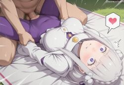 1boy 1girl ai_generated arm_grab artist_name blanket blunt_bangs blush bodysuit braid breasts cape clenched_teeth clothed_female_nude_male clothed_sex clothing covered_navel emilia_(re:zero) female flower grass grey_hair hair_flower hair_ornament hair_ribbon hetero holding_another's_wrist jousneystudio large_breasts long_hair long_sleeves lying male missionary nude on_back outdoors pantyhose penis pointy_ears purple_eyes pussy rape re:zero_kara_hajimeru_isekai_seikatsu sex solo_focus spoken_heart spread_legs teeth torn_clothes vaginal white_flower white_hair wide-eyed x_hair_ornament