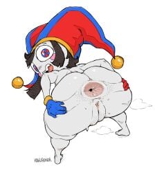 1girls ass ass_focus big_ass bottom_heavy brown_hair eyelashes female_only glitch_productions gloves gooseworx hairy_anus hairy_pussy highres jester jester_hat kekuronoa large_ass looking_back_at_viewer multicolored_eyes musk_clouds naked pomni_(the_amazing_digital_circus) pubic_hair sharp_teeth short_hair shortstack smiling spreading spreading_ass sweat the_amazing_digital_circus thick_ass thick_thighs white_skin