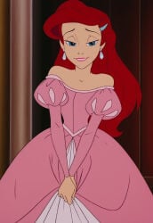 1girl ai_generated ariel ariel_(the_little_mermaid) bare_shoulders bedroom_eyes blue_eyes caucasian caucasian_female disney disney_princess dress earrings eyelashes gown hair_ornament half-closed_eyes light_smile lips long_hair looking_at_viewer off_shoulder off_shoulder_dress pink_dress princess red_hair sandlecrantz_(ai_generator) seductive seductive_smile smile