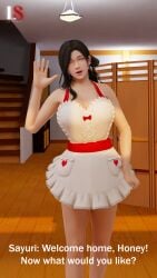 1girl apron asian asian_female black_hair blender_(software) breasts cleavage closed_eyes dead_or_alive dead_or_alive_xtreme_venus_vacation earrings english_text facing_viewer heart indoors japanese japanese_female jewelry large_breasts le_sandman long_hair mature_female milf naked_apron open_mouth pov sayuri_(dead_or_alive) smile solo tagme waving wife wooden_floor xnalara