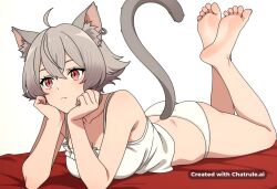 1girl ahoge ai_assisted ai_generated anime_screencap brown_eyes brown_hair cat_ears cat_tail earrings feet_up foot_focus grey_hair grey_tail jewelry lying_on_stomach panties red_eyes short_hair slit_pupils soles spread_toes toe_scrunch toenails toes underwear white_background