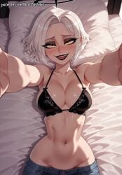 1girl 2026 ai_generated anime armpits bed black_bra blush boobs bra breasts cleavage collarbone crossover denim eye_contact female female_focus flushed groin hazbin_hotel hazbin_hotel_(season_2) highres huge_breasts jeans large_breasts looking_at_viewer lute_(hazbin_hotel) lying makeup midriff moaning navel nsfw on_back on_bed open_mouth outstretched_arms pants patreon pillow rognezart shiny shiny_skin short_hair smile smiling solo stomach sweat sweaty underwear white_hair yellow_eyes