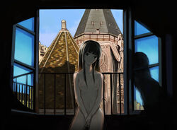 black_eyes black_hair boyaking breasts covering covering_crotch covering_pussy female flat_chest long_hair navel nipples nude nude_cover original small_breasts solo v_arms window