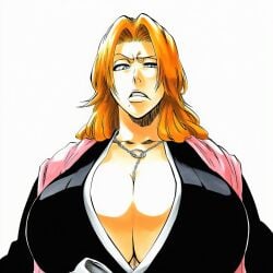 1:1 1girls accurate_art_style accurate_body_type ai_generated angry annoyed between_breasts big_breasts black_kimono bleach blue_eyes breasts breasts_bigger_than_head busty cel_shading center_opening chain chain_necklace cleavage cleavage_focus clenched_teeth clothed clothing collarbone facing_viewer female female_focus female_only from_below front_view frown furrowed_brow hair_over_shoulder half-closed_eye half-closed_eyes haori hatching_(texture) highres huge_breasts irritated japanese_clothes jewelry kimono large_breasts light-skinned_female light_skin line_art long_hair looking_at_viewer looking_down looking_down_at_viewer manga_style matsumoto_rangiku mature_female mole mole_under_mouth necklace no_bra orange_hair parted_lips pink_scarf sash scarf scowl shawl shihakusho shinigami shiny_hair shiny_skin simple_background solo solo_focus standing tite_kubo_style traditional_clothes upper_body viewed_from_below wavy_hair white_background white_sash wide_sleeves