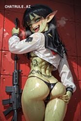 1girl abs ai_assisted ai_generated aiming_at_viewer aroused black_choker black_hair black_lipstick butt_crack cameltoe choker cowboy_shot crazy_smile drooling exhausted from_behind gluteal_fold green_eyes green_skin heavy_breathing holding_gun horny legs_together lewd long_hair looking_at_viewer micro_bikini oiled_body open_mouth petite pistol pointy_ears purple_eyes pussy_juice_leaking red_cheeks seductive_expression serafuku sweaty tight_clothing tongue_out