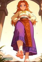 1girl ai_assisted ai_generated barefeet belt big_feet black_pants dark_skin dirty_feet from_below full_body hands_on_hips long_sleeves long_toes looking_at_viewer malon navel presenting_foot sole_focus standing standing_on_one_leg stinky_feet sweaty_feet twintails yellow_jacket