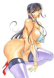 azuki_kurenai bikini black_hair breast_squeeze breasts collar cute erect_nipples hair high_heels highres huge_breasts long_hair swimsuit thick_thighs thighhighs thighs