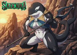 3_toes 5_fingers ai anthropomorphic battle_stance bra breasts cetacean clothing dolphin female holding_weapon killer_whale muscular orca pussy sadeena solo the_rising_of_the_shield_hero trident vagina