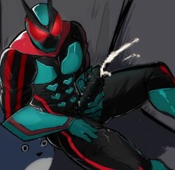 1boy armor armored_male biceps blush blush_lines blushing blushing_through_mask bodysuit censored censored_cum censored_penis cum cum_spurt erect_penis erection glowing_eyes green_armor hand_on_penis helmet kamen_rider kamen_rider_zeztz kamen_rider_zeztz_(series) looking_at_viewer looking_up looking_up_at_viewer male male_focus male_only mask masked masked_male masturbation mosaic_censoring muscles muscular muscular_male orgasm penis penis_out red_eyes samuraineko69 sitting sitting_on_ground solo wall