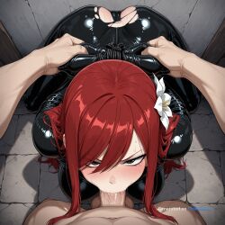 1girl ai_assisted ai_generated back_against_wall balls_deep bending_over black_bodysuit brown_eyes camel_toe deep deepthroat dominated erza_scarlet face_fuck facing_viewer fairy_tail hair_flower hands_tied_above_head high_quality highres large_breasts long_hair petite_body pov red_hair ripped_clothes sitting_on_knees skinny small_breasts small_tits tiny_tits young