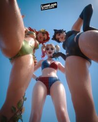 beach bikini black_hair black_hair_female blonde_female blonde_hair cat_ears catwoman catwoman_(fortnite) fortnite fortnite:_battle_royale harley_quinn harley_quinn_(fortnite) looking_at_viewer poison_ivy poison_ivy_(fortnite) redhead redhead_female sky swimsuit trio