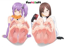 2girls bare_legs barefoot black_gloves blush brown_eyes brown_hair clothed_female clothing collared_shirt elbow_gloves embarrassed embarrassed_expression embarrassed_female feet fingerless_gloves foot_focus footcroft glasses gloves golden_eyes holding_object holding_phone koga_konoha kusagakure_satoko legs_together light-skinned_female light_skin light_smile long_sleeves ninja ninja_to_koroshiya_no_futarigurashi phone purple_hair scarf shirt short_hair shuriken_hair_ornament side_ponytail smartphone smile soles sweat sweaty_feet toes white_shirt