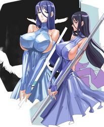 2girls angel_wings bangs bare_shoulders black_hair blue_eyes blue_hair blush breasts bursting_breasts cleavage derivative_work detached_sleeves dress elbow_gloves erect_nipples female female_only frown gloves hair_between_eyes halterneck huge_breasts long_hair looking_at_viewer magical_girl mahou_shoujo_(raita) makacoon multi_wing multiple_girls navel no_bra original pleated_dress profile rough sideboob sleeves_past_wrists slender_waist staff suzuhara_misae turtleneck very_long_hair weapon wings