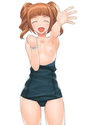 1girls :d a1 bracelet brown_hair closed_eyes drill_hair female flat_chest foreshortening high_five highres idolmaster jewelry nipples one-piece_swimsuit open_mouth school_swimsuit smile solo swimsuit swimsuit_pull takatsuki_yayoi tied_hair topless twintails