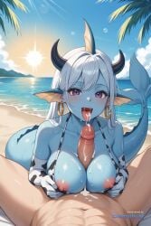 1boy 1girl ai_assisted ai_generated animal_ears beach blue_eyes blush breasts bubbles cow_ears cow_horns cow_print_bikini cum_in_mouth cum_on_body cum_on_breasts cum_on_penis dark_purple_eyes earrings elbow_gloves evening fellatio fins fish_tail happy holding_poke_ball hoop_earrings horns jewelry large_breasts lens_flare licking_penis long_hair looking_at_viewer lying nipples nude ocean on_stomach open_mouth oral paizuri palm_trees pink_skin pointy_ears pov pov_crotch print_bikini solo sunbeam tail tongue_out vaporeon wet white_hair