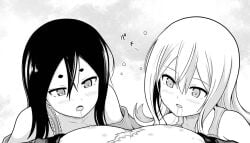 1boy 2girls bare_shoulders blush collarbone drooling flipped_hair futoku_no_guild greyscale hair_between_eyes hair_down half-closed_eyes koin_ronribasu long_hair long_sidelocks lying magyo monochrome multiple_girls nipples non-web_source official_art on_back open_mouth parted_lips scar scar_on_chest shirt short_eyebrows sidelocks sound_effects tank_top thick_eyebrows tokishikko_dana twintails