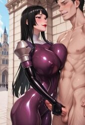 ai_generated big_ass civitai huge_breasts impossible_clothes kamori_sayaka latex_clothing latex_gloves latex_legwear latex_thighhighs nun nun_outfit purple_bodysuit rindou_aya_style shiny_clothes voluptuous