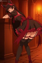 1girl ai_generated bent_over black_dress black_hair black_thighhighs blunt_bangs bow breasts candle candlestand crossed_arms digitalwaifugallery dress frilled_dress frilled_sleeves frills from_behind garter_straps gate_-_jieitai_ka_no_chi_nite_kaku_tatakaeri gothic_lolita hi_res high_quality high_resolution hime_cut indoors leaning_forward lolita_fashion long_hair looking_at_viewer looking_back patreon patreon_logo patreon_username puffy_short_sleeves puffy_sleeves red_bow red_eyes ribbon rory_mercury seductive sexy short_sleeves solo standing thighhighs uncensored very_long_hair watermark